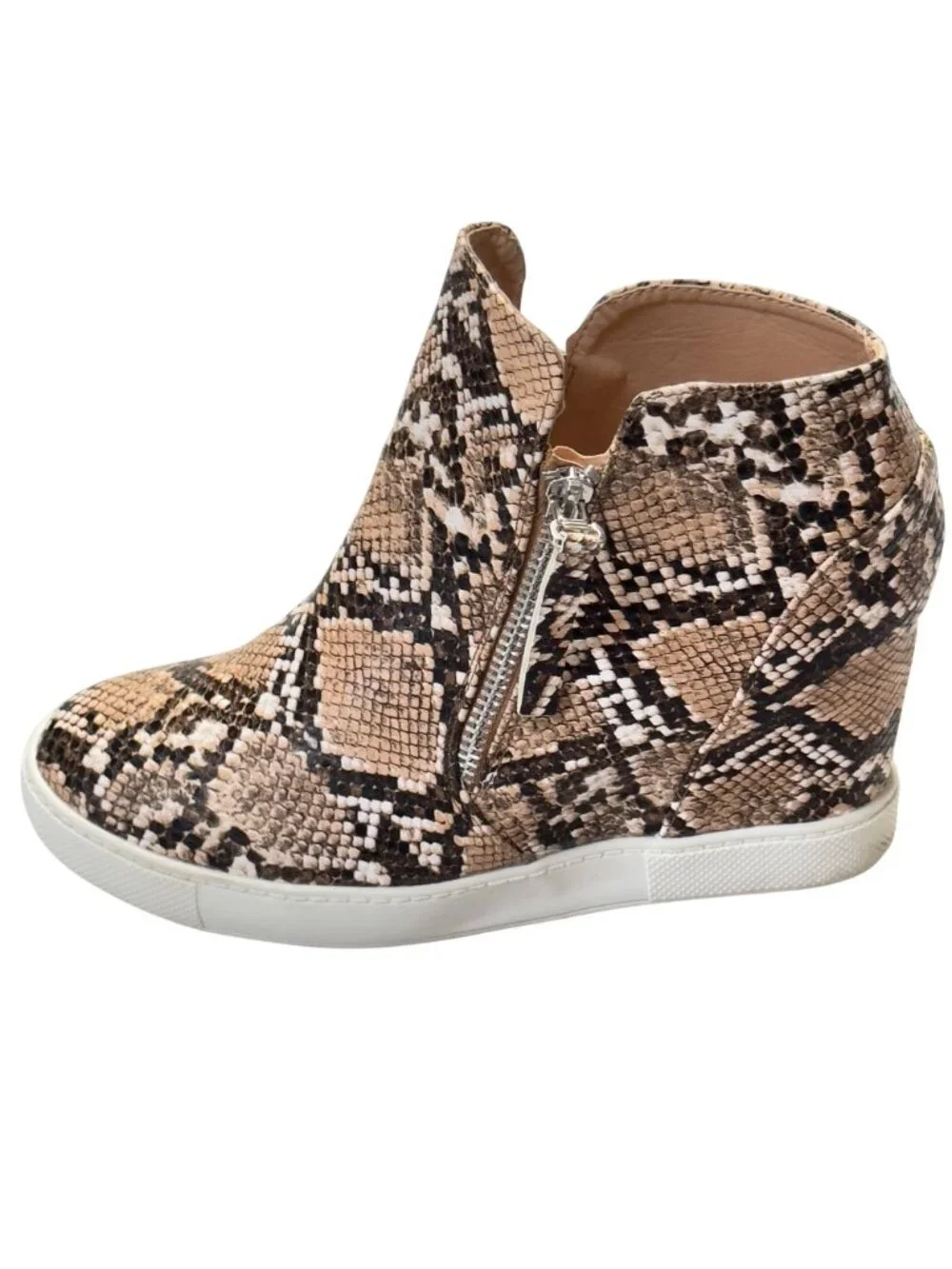 Snakeskin Print Wedge Ankle Boots With Side Zipper & Rubber Sole